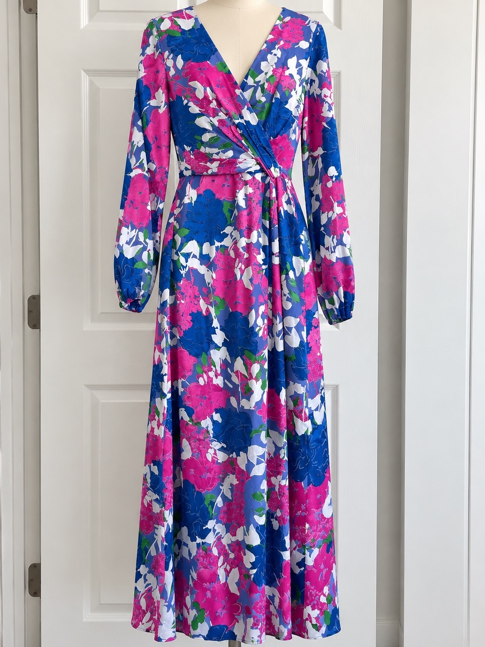 Monique Lhuillier Floral Wrap Midi Dress Long Sleeve Blue Pink Size 4 NWT